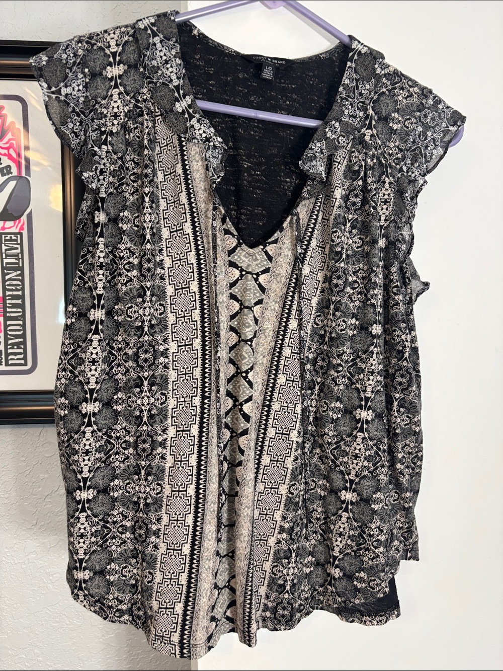 Lucky Brand Black & Cream Printed V-Neck Blouse